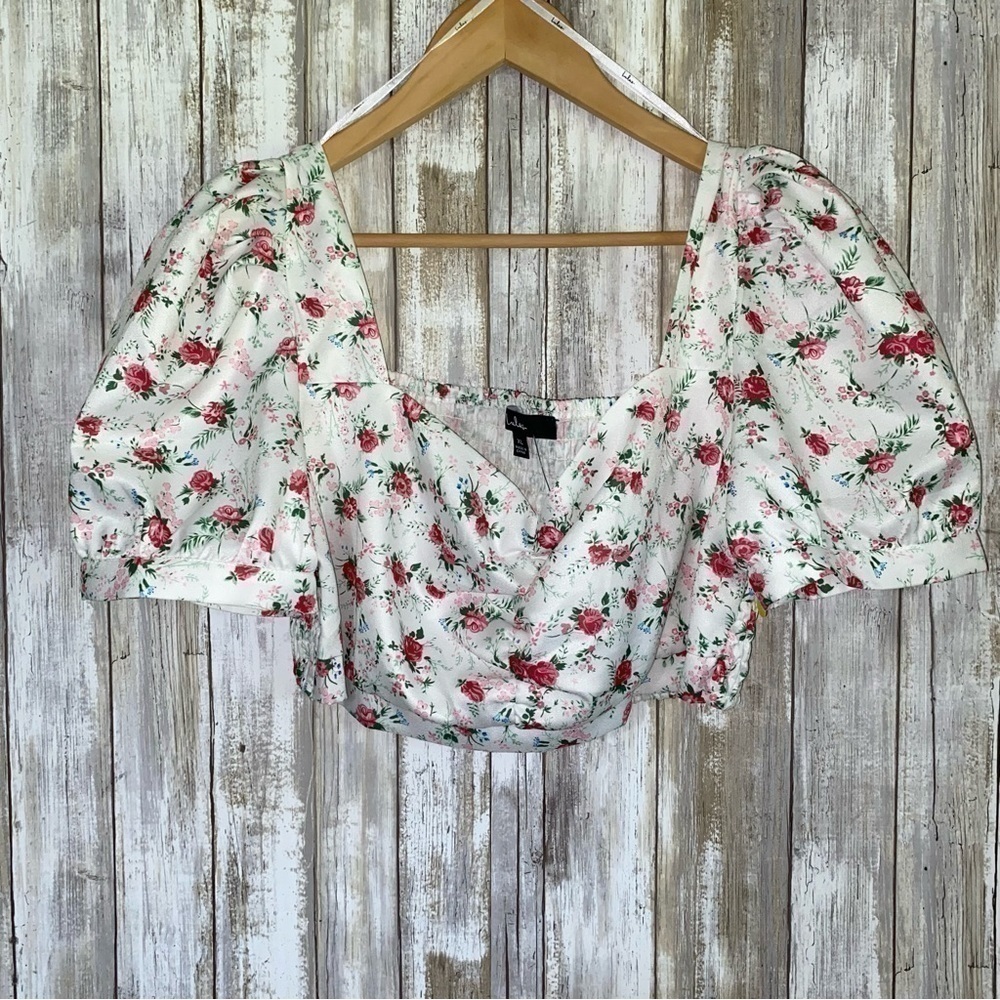 Lulus Cute Factor White Floral Puff Sleeve Crop Top Cottagecore XL NWOT - Picture 2 of 6
